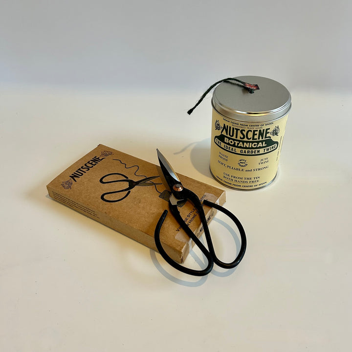 The St Andrews Hamper Company large vintage metal garden scissors and tin of green garden twine.