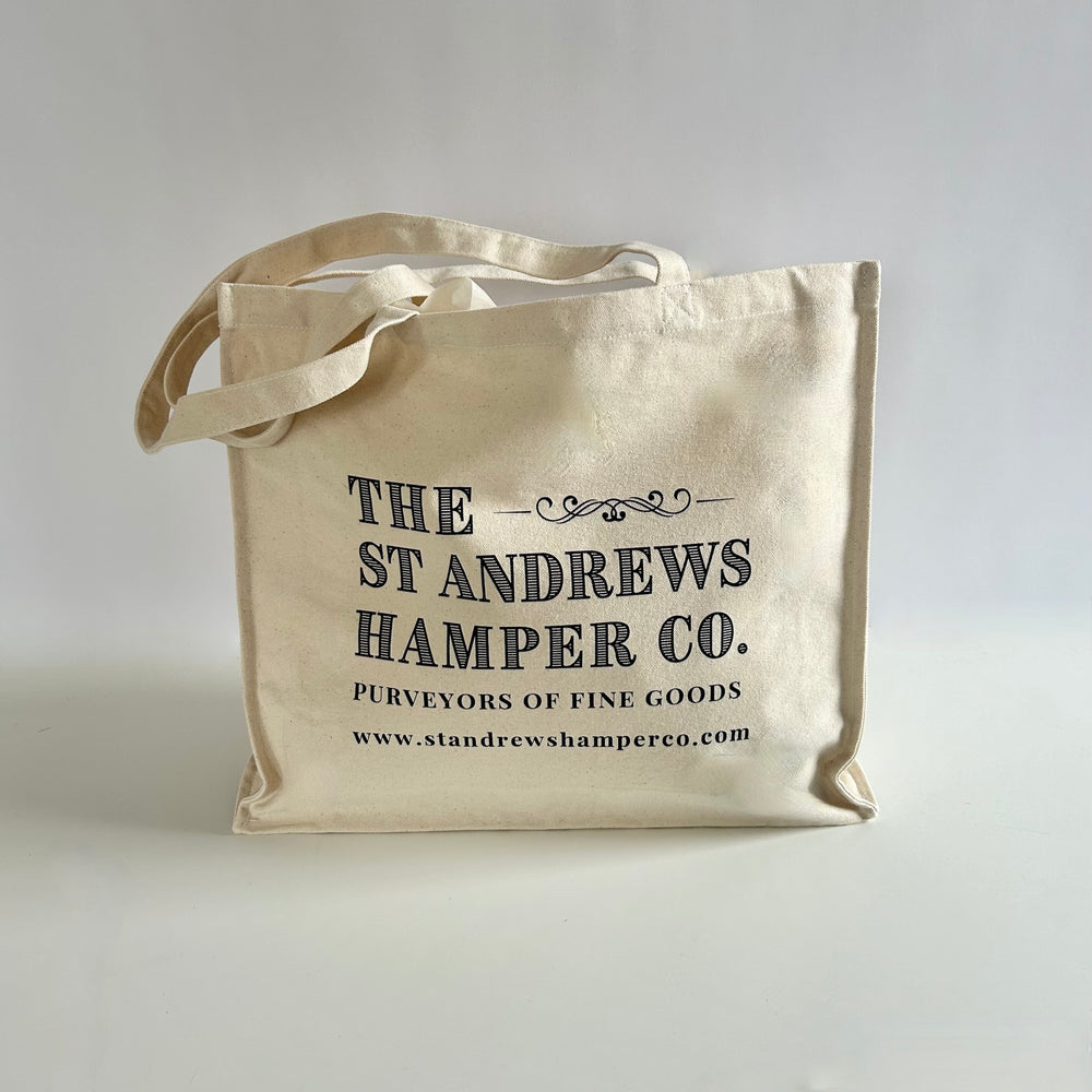 The St Andrews Hamper Company branded large size bag for life canvas tote with shoulder straps. 