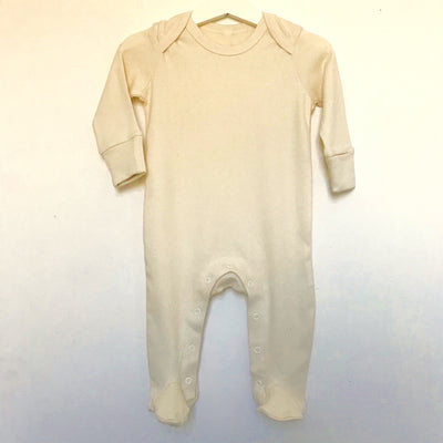 The St Andrews Hamper Company organic cotton baby sleepsuit with scratch mitts in natural, undyed, unbleached colour.
