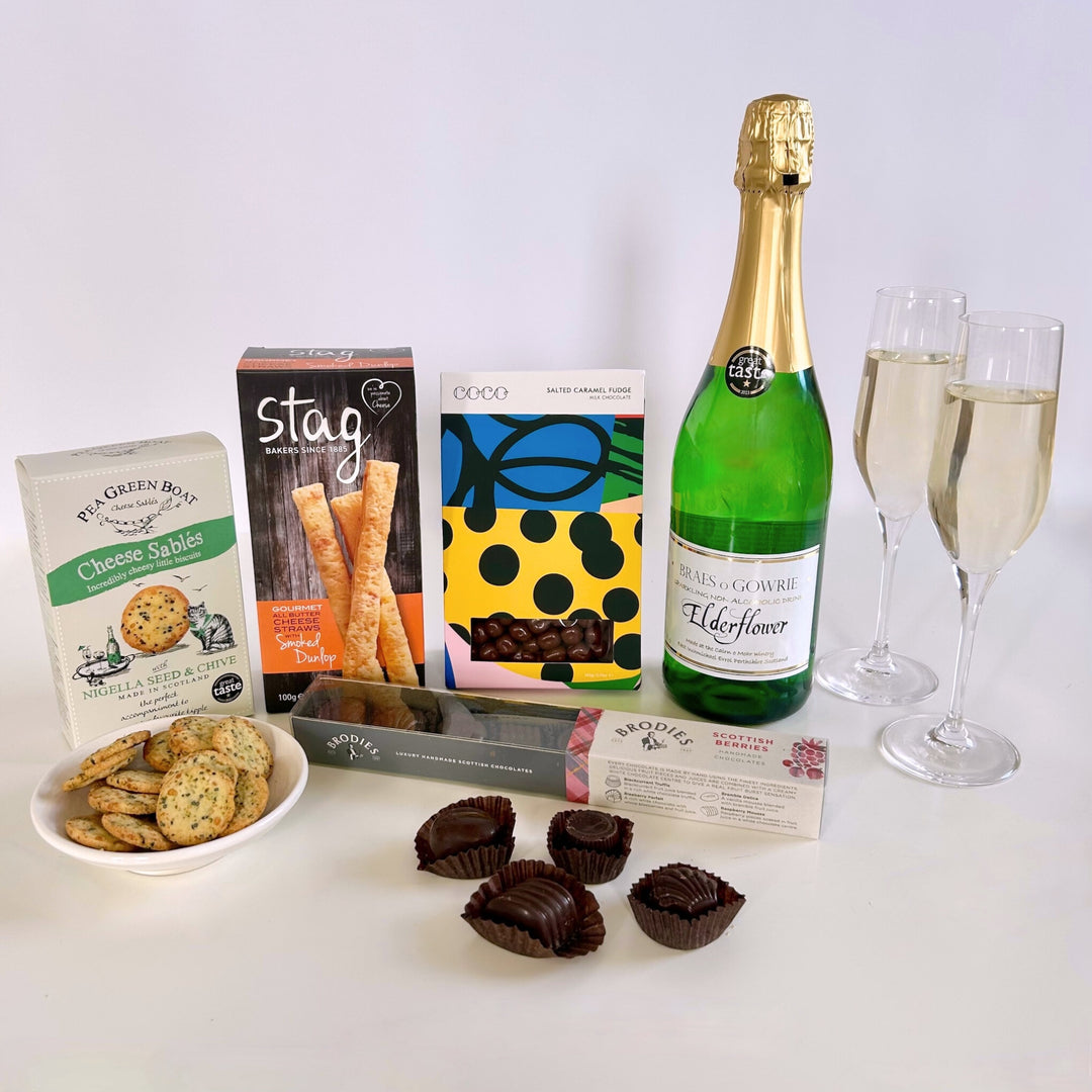 Award-winning alcohol-free sparkling elderflower fizz and a selection of delicious sweet and savoury treats available from The St Andrews Hamper Company.