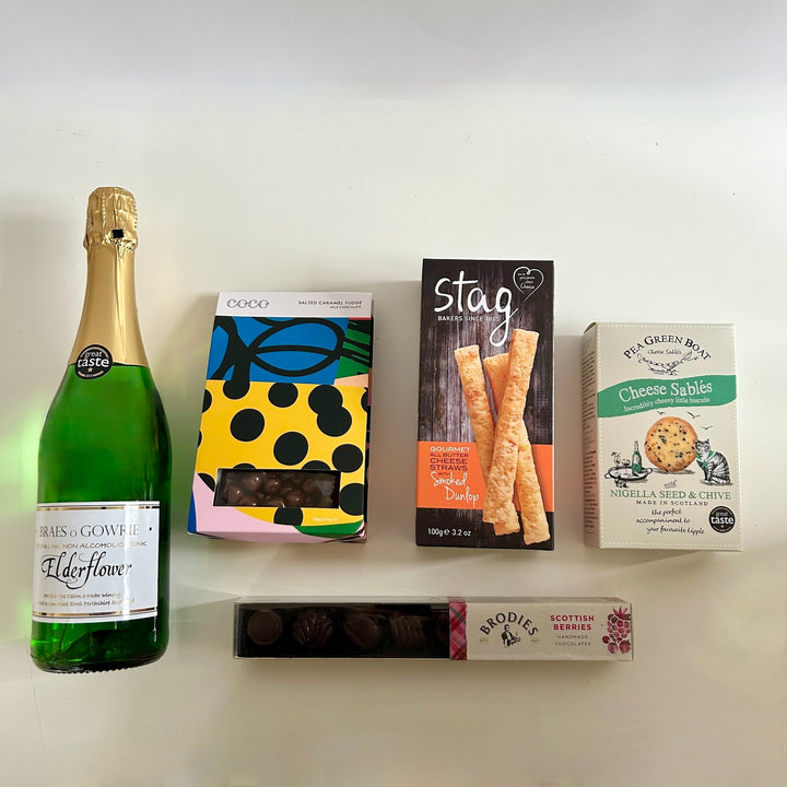 Award-winning alcohol-free sparkling elderflower fizz with a selection of delicious sweet and savoury treats, available from The St Andrews Hamper Company.