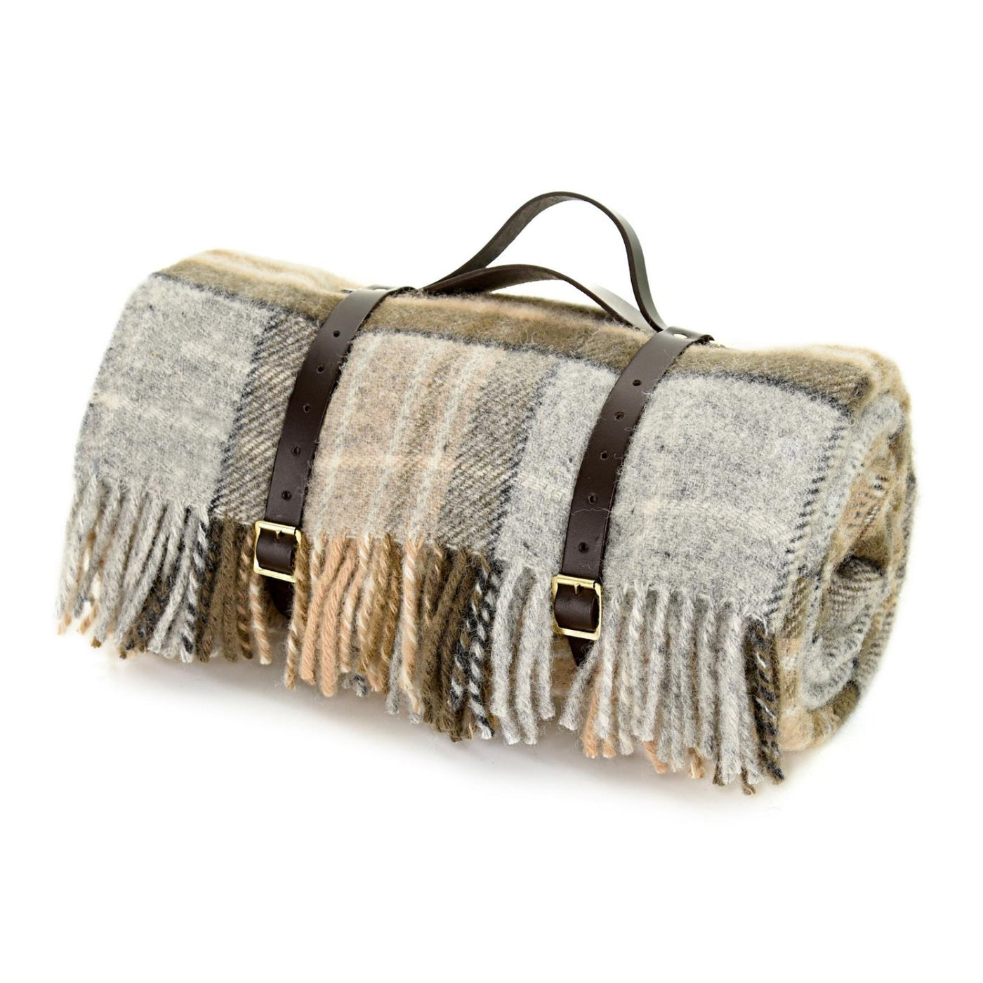 Pure new wool picnic blanket with waterproof backing in McKellar tartan in shades of silver greys and browns, with leather carrier available from the St Andrews Hamper Company.