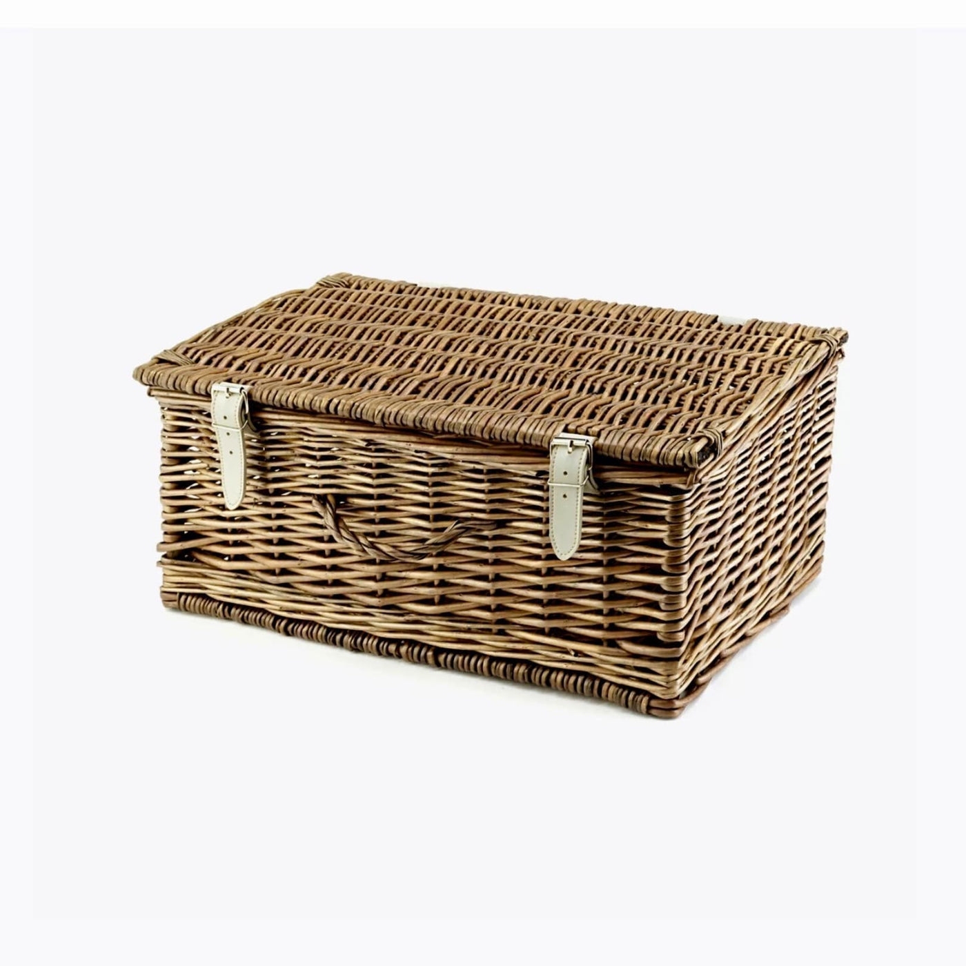 Handwoven 18 inch wicker hamper in antique bronze finish with wicker handle and grey straps. 